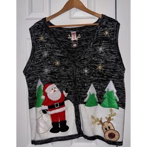 Holiday Time Christmas Sweater Vest XXL Button Up V Neck Black Winter Santa